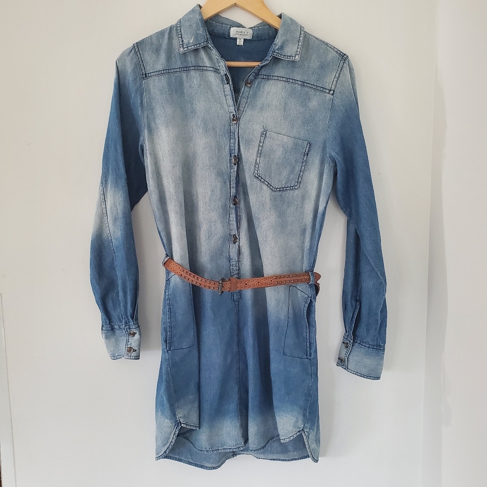 NOBLE U Chambray Blue Shirt Dress  L Leather Stud Belt Roll LS Cowgirl Western